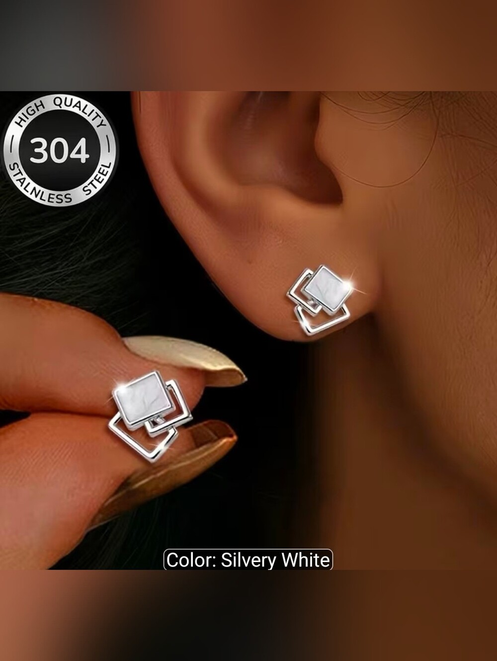 Silvery White Geometric Stainless Steel Stud Earrings